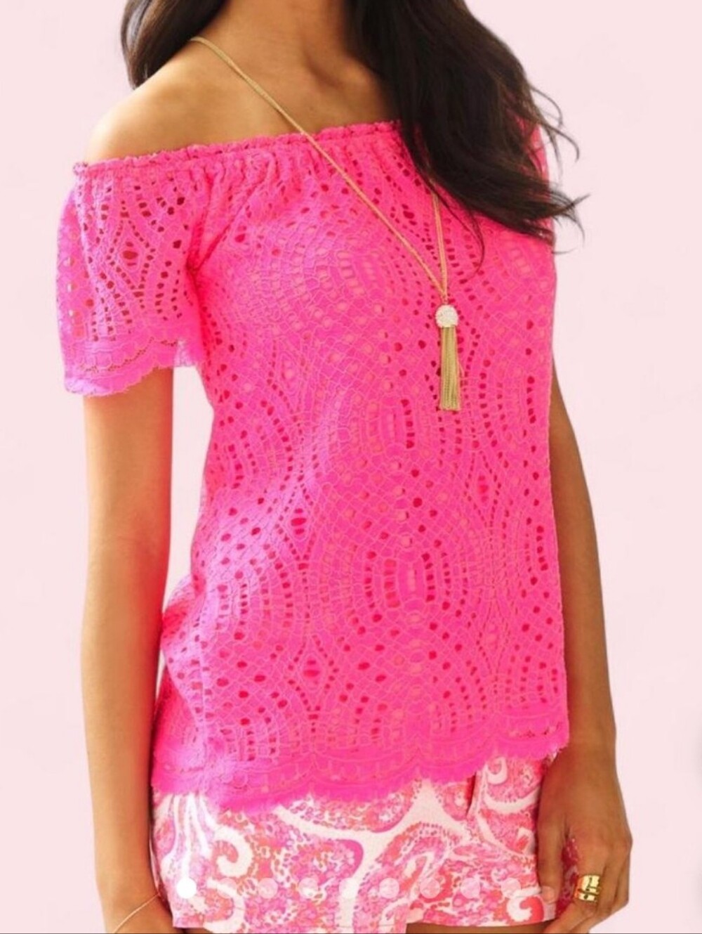 Lilly Pulitzer Off-the-shoulder Hot Pink Eyelet Top Lace Size Small